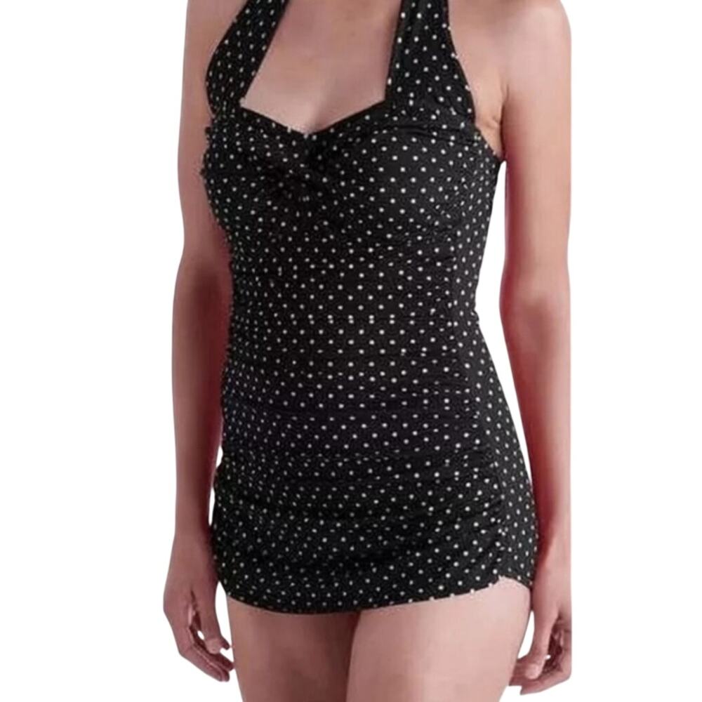 Catalina Suddenly Slim Womens Black & White Polka Dot One Piece Swimsuit Size L